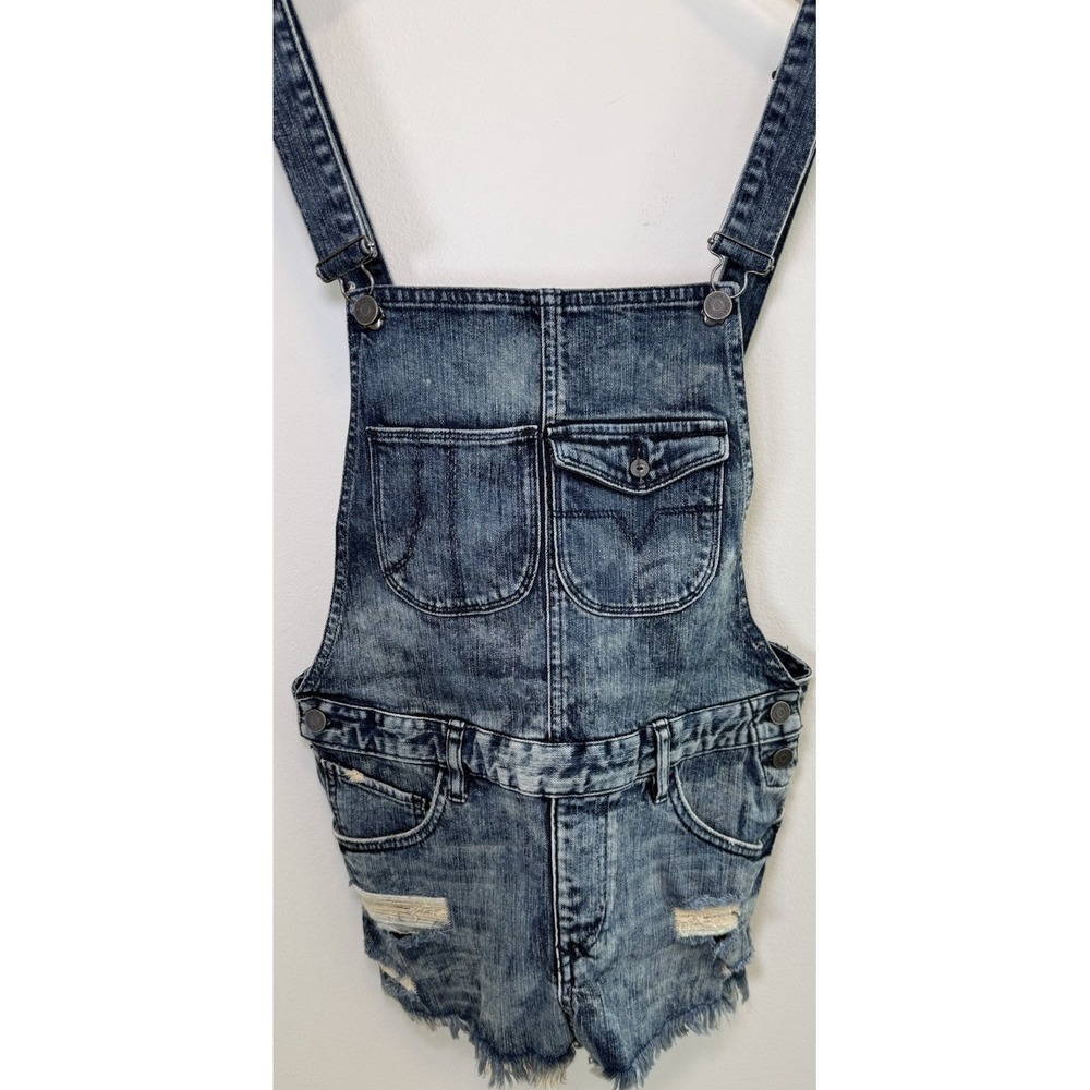 Volcom Denim Overall Shorts Woman's Small Distressed Frayed Hem Bib Blue Jean